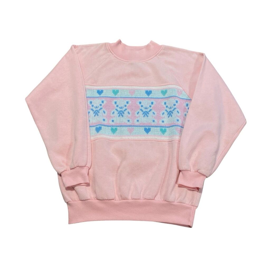 Vintage Grandma Cottage Core Crewneck Sweater Sweatshirt Pink Teddy Bears Knit M